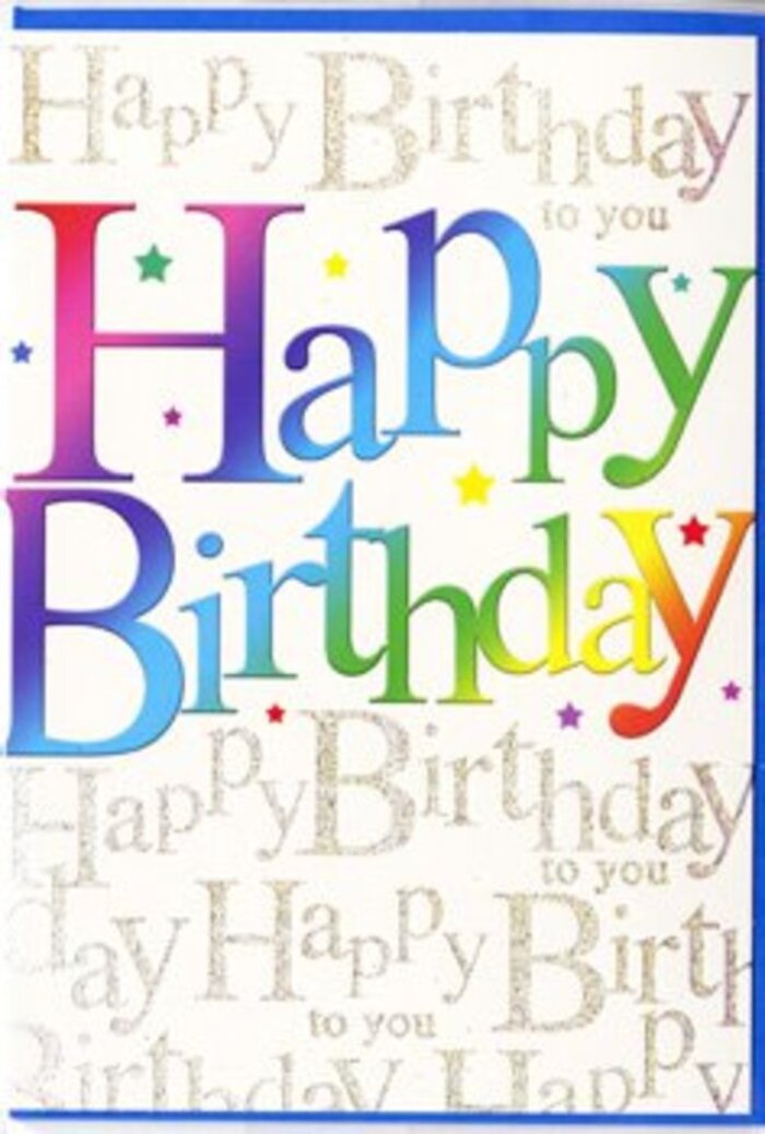A richly decorated birthday card fills the image, its design crafted to feel like a joyful surprise waiting on a mantelpiece in a Maidenhead terrace. Across the centre, oversized letters spell out Happy Birthday in a vibrant rainbow gradient, each stroke saturated with colour that transitions from one shade to the next-crimson into coral, lemon into apple green, teal into royal blue, and finally into a deep, velvety purple. The colours are luminous rather than harsh, giving the message a soft glow, as though lit by gentle afternoon light coming through a bay window. Around the main text, the background is alive with fine golden handwriting repeating the phrase Happy Birthday to you in an elegant cursive that loops and curls like decorative ribbon on a bouquet. The gold ink appears slightly raised and glittery, throwing back glints of light that shift as you imagine tilting the card, just like sunlight catching the Thames nearby. The surface of the card has a satiny sheen, smooth to the touch but with visible texture where the glitter script has been applied, offering a pleasing contrast under curious fingertips. Subtle specks of colour and microscopic stars dot the design, echoing party confetti sprinkled over a birthday table. As a florist accustomed to arranging bright seasonal blooms for local celebrations, I recognise the thought behind this card: the balancing of bold, happy colour with understated sparkle to create something that feels both fun and sincerely heartfelt. It is a card that could rest beside a vase of fresh flowers in a Maidenhead kitchen and instantly make the whole room feel more festive.