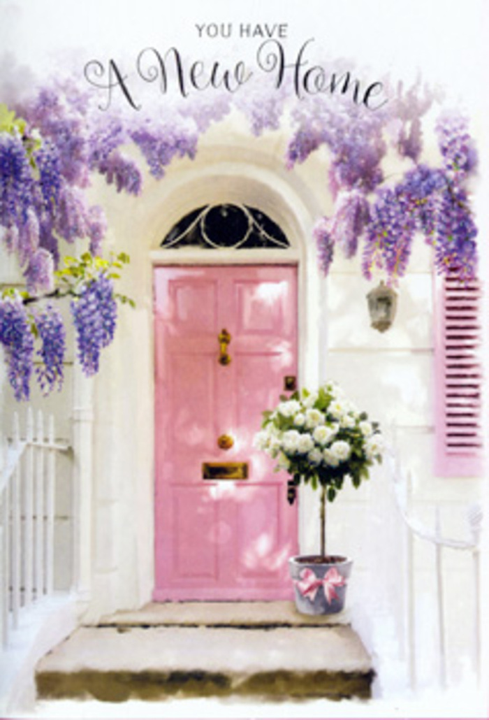 In this softly romantic doorway scene, you are invited to imagine standing on a Maidenhead street, just off the town centre, pausing before a home that clearly marks the beginning of a new story. The front door glows in a tender shade of pink, the paint slightly satin in finish so that it gently reflects the light rather than shines. To one side, a matching pastel shutter rests against a smooth, whitewashed wall, whose faint texture hints at the brushstrokes that shaped it. Overhead, generous clusters of wisteria drape down like velvet curtains in tones of lavender and lilac, the petals so numerous and delicate they form a cloud of colour and perfume above the entrance, much like the wisteria you might catch blooming in older Maidenhead neighbourhoods each spring. At the doorstep, a metal bucket in muted grey provides a grounded, rustic contrast to the softness above. It is filled to overflowing with lush white and cream roses, each bloom layered with silken petals that curl at the edges, revealing creamy hearts. Threads of green foliage-some sage-toned and fuzzy, others glossy and deep-nestle between the blooms, giving a sense of natural movement and texture. A satin pink ribbon, tied carefully around the bucket, adds a refined finishing touch, its bow poised just so as if arranged by a florist who knows the power of small details. Sunlight filters over the stone step, creating dappled patterns that dance across the roses and door, suggesting a quiet, hopeful afternoon. The overall effect is one of tranquil joy and gently held anticipation, an ideal visual companion for a new home card or to evoke the feeling of fresh flowers being delivered to a newly turned key in Maidenhead.