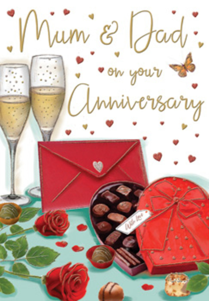 This illustrated anniversary card for Mum and Dad is composed like a small, carefully arranged still life, echoing the kind of thoughtful celebration families across Maidenhead put together year after year. Front and centre, two slender champagne flutes stand side by side, almost touching, filled with a pale, golden drink that sparkles softly. The bubbles are drawn with delicate precision, as if gently rising toward an unseen toast at the table. Just in front, a heart-shaped box of chocolates adds a note of indulgence, its rich red lid folded back to reveal glossy, dark and milk truffles nestled in their compartments. A large red bow sprawls elegantly across the lid, mirroring the deep crimson of the roses lying nearby. Those roses-two perfect blooms with velvety petals and glossy green leaves-are rendered with the loving detail of an experienced florist, reminiscent of bouquets curated at Flowers Maidenhead for riverside anniversary dinners or intimate gatherings at home. Around this central arrangement, tiny hearts in shimmering gold and vibrant red float across a pale background, framing the hand-lettered Mum & Dad greeting in a cloud of whimsy and affection. A scarlet envelope, sealed and lying at a gentle angle on the tabletop, suggests an enclosed message full of cherished memories, perhaps recalling years spent in homes from Cox Green to Bray. Light catches the glass and the metallic hints on the hearts, creating a soft, celebratory glow that feels both luxurious and familiar. The whole scene conveys warmth, gratitude, and the enduring comfort of a partnership that has grown and deepened over many shared Maidenhead seasons.