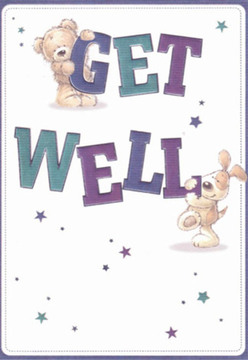 With a sense of nurturing care reminiscent of a freshly delivered bouquet from the heart of Maidenhead, this delightful get well card presents an irresistibly cute scene: a cuddly teddy bear, soft as a downy peony, lovingly clings to the cascading letters of 'GET' while a joyful puppy rests his nose against the buoyant word 'WELL.' The card's background, crisp and immaculate as a morning stroll along Braywick Park, brings clarity and uplift to the composition. Wisps of lavender and teal in the bold, playful lettering give energy and vibrancy, their tones harmonising with the scattered bursts of starlight that weave through the design like petals on a breeze. Both animals gaze outward, their rounded forms and expressive eyes glowing with gentle encouragement, as if offering a wordless promise of recovery and comfort. Each illustrated detail is placed with the same intention and care as Flowers Maidenhead brings to their floral arrangements-every star, every fur line, a touch of hope delivered to a loved one's bedside. There is warmth here, an embracing spirit that speaks not only of getting well, but of the local kindness that connects Maidenhead's communities through thoughtful gestures, whether in cards or posies.
