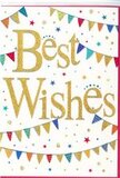 A joyful Best Wishes card is pictured, radiating the same upbeat spirit you might feel walking through Maidenhead on a market day. The design is set against a pure white background that makes every colour stand out sharply, like bunting against a clear sky. In the centre, the words Best Wishes flow across the card in elegant gold script, slightly embossed and flecked with fine glitter. The lettering curves smoothly, creating an impression of warmth, generosity, and genuine good feeling, akin to a heartfelt congratulations spoken in person. Surrounding the message are graceful sweeps of illustrated bunting, arcing above and below like decorative strings stretched between garden fences in a festive courtyard near St. Luke's area. Each tiny pennant is rich with colour-ruby, sapphire, jade, sunny yellow, and soft coral-and filled with different patterns, from narrow stripes to tiny dots. These variations make the bunting feel playful and alive, as if gently swaying in a breeze. Around the bunting, tiny stars and round confetti dots in coordinated shades sprinkle across the white space, suggesting movement and the scattered joy of celebration. The composition is airy and well-balanced, leaving enough breathing room for the eye to rest on the central golden words. The card's visual tone is unmistakably positive and uplifting, suitable for congratulating someone on a milestone, wishing them luck in a new role, or celebrating a happy life change in or around Maidenhead. It would pair beautifully with a fresh bouquet and a personal message, creating a thoughtful gift that feels both festive and sincere.