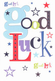 A bold good luck card lies against a clean white background, its message arranged in a playful collage of colours and fonts that feels as uplifting as a freshly wrapped bouquet. The words Good Luck dominate the centre, with oversized pastel-blue letters curling confidently around deep reds, mossy greens, and rich purples, each character almost dancing in place. Around the lettering, tiny stars scatter like confetti drifting over Maidenhead High Street after a celebration, some in navy, others in lilac, lemony lime, and soft sky-blue, fading gently into the white space. The design looks crisp and modern, as though printed on smooth, high-quality cardstock you'd enjoy running your fingertips across, cool and firm like a new notebook. Despite the flat print, there's a sense of depth where the overlapping letters cast the illusion of shadow, giving the phrase a friendly, three-dimensional presence. It feels like the kind of card a local would pick up on the way home from work, perhaps after stopping at Flowers Maidenhead for a small good luck bouquet, ready to slip it into the hand of someone about to start a new job in town, face an exam at one of the nearby schools, or head off from Maidenhead station for a new chapter elsewhere. The stars and colours together suggest the night sky over the Thames at Bray, full of promise, while the cheerful fonts keep the tone light, personal, and full of belief that everything is going to turn out well.