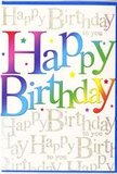 The photograph shows a festive birthday card whose front design bursts with colour and joyful detail, much like a bright bouquet delivered across Maidenhead for a special celebration. At the heart of the card, the words Happy Birthday stretch proudly from edge to edge in large, rounded letters. Each letter is drenched in a slightly different hue-rich scarlet, blush pink, warm orange, lemon yellow, grassy green, cool aqua, and deep violet-blended together in a smooth gradient that suggests motion and excitement, as if the words themselves are mid-celebration. The colours have a velvety, airbrushed quality, free from harsh edges, providing a soft yet striking visual impact. Behind this cheerful typography, the entire background is covered in repeated lines of Happy Birthday to you written in fine, shimmering gold script. The script curves gracefully, overlapping in some areas, creating a layered tapestry of golden phrases. Under the light, these lines glimmer delicately, comparable to the way candle flames flicker during a birthday gathering in a Maidenhead dining room. Tiny speckles of additional sparkle and colour dot the surface, reminiscent of scattered confetti or sugar sprinkles on a celebration cake. The card's finish appears smooth and lightly glossy, suggesting a quality cardstock that feels pleasant under the fingers. Overall, the composition blends vibrant fun with a touch of sophistication, much like a carefully composed arrangement of mixed seasonal flowers. It feels ideal for marking a milestone birthday with genuine warmth, whether tucked into a gift bag or paired with a fresh floral delivery to any corner of Maidenhead.