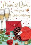 This detailed anniversary card design paints a tender celebration scene for Mum and Dad, the kind that might unfold after a leisurely meal in a Maidenhead home overlooking the Thames. At the heart of the image, two tall champagne flutes stand close together, their clear, slender stems aligned in quiet harmony. The glasses hold a pale golden fizz, with fine bubbles drawn mid-rise, suggesting that the moment of clinking and smiling is just about to happen. A luxurious heart-shaped box of chocolates rests open on the table; the lid, wrapped in a lavish red bow, is tipped back to reveal neat rows of rich truffles, with a couple of chocolates scattered invitingly nearby. To one side, two sumptuous red roses lie across their own greenery, petals layered and plush, as if freshly arranged by a local Maidenhead florist who knows exactly which blooms say romance without a word. The background is sprinkled with tiny gold and crimson hearts, drifting gently around the scripted Mum & Dad message and adding a halo of playful affection. A scarlet envelope, sealed and slightly overlapping the chocolate box, hints at a handwritten note brimming with thanks, shared stories, and promises for the years ahead-perhaps remembering anniversaries marked in townhouses near the High Street or quiet corners of nearby parks. Subtle highlights on glass, ribbon, and rose petals give the composition a soft, glowing warmth, like candlelight reflecting off a family table. Altogether, the card radiates love, nostalgia, and the quiet joy of another anniversary celebrated together in Maidenhead.